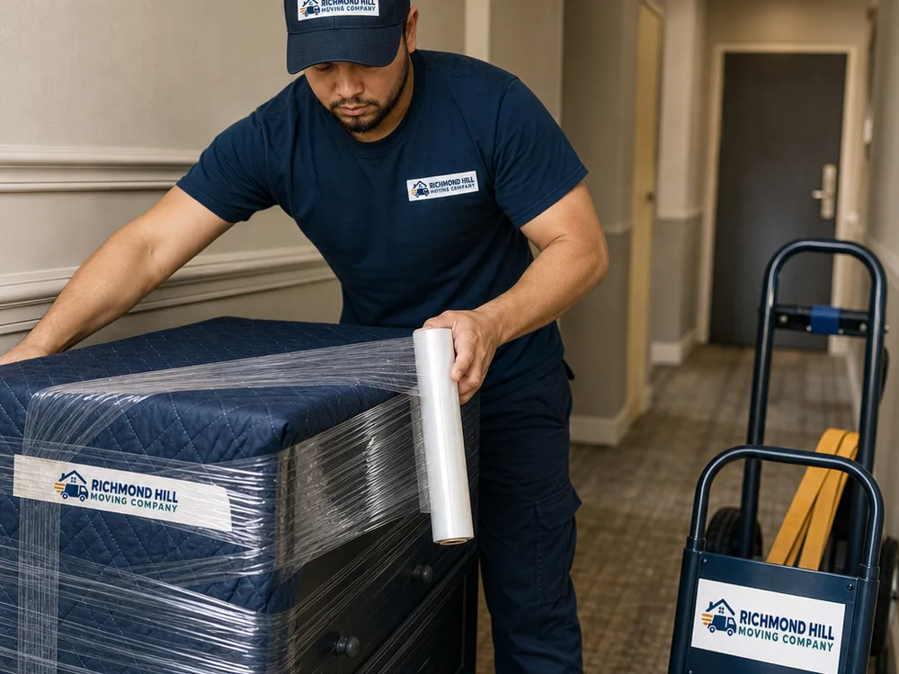 Mover stretch-wrapping a dresser and securing moving blankets beside a dolly and straps