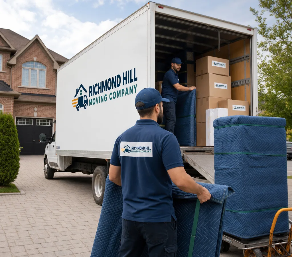 Movers loading padded furniture and labeled boxes into a clean truck outside a Richmond Hill home
