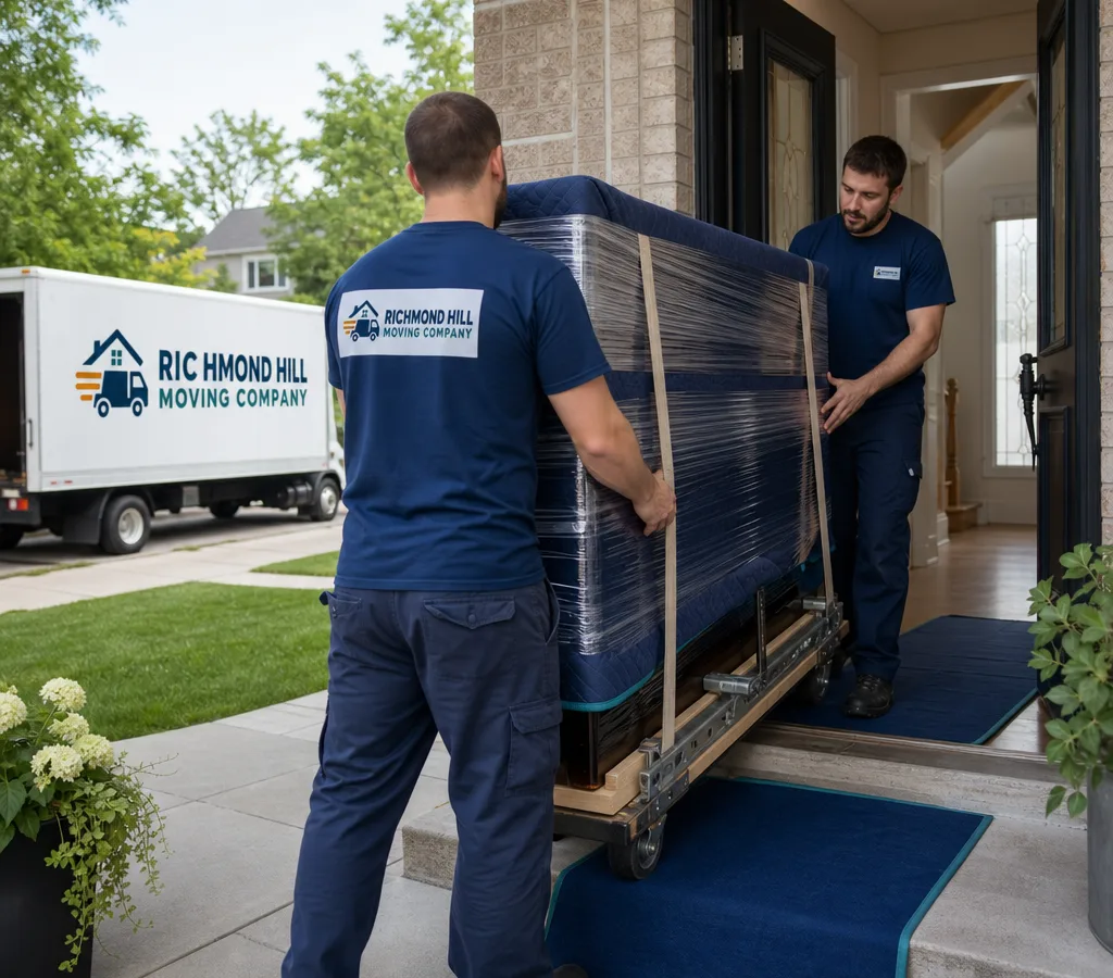 Two movers guiding a wrapped upright piano on a strapped skid board through a protected Richmond Hill residential entry