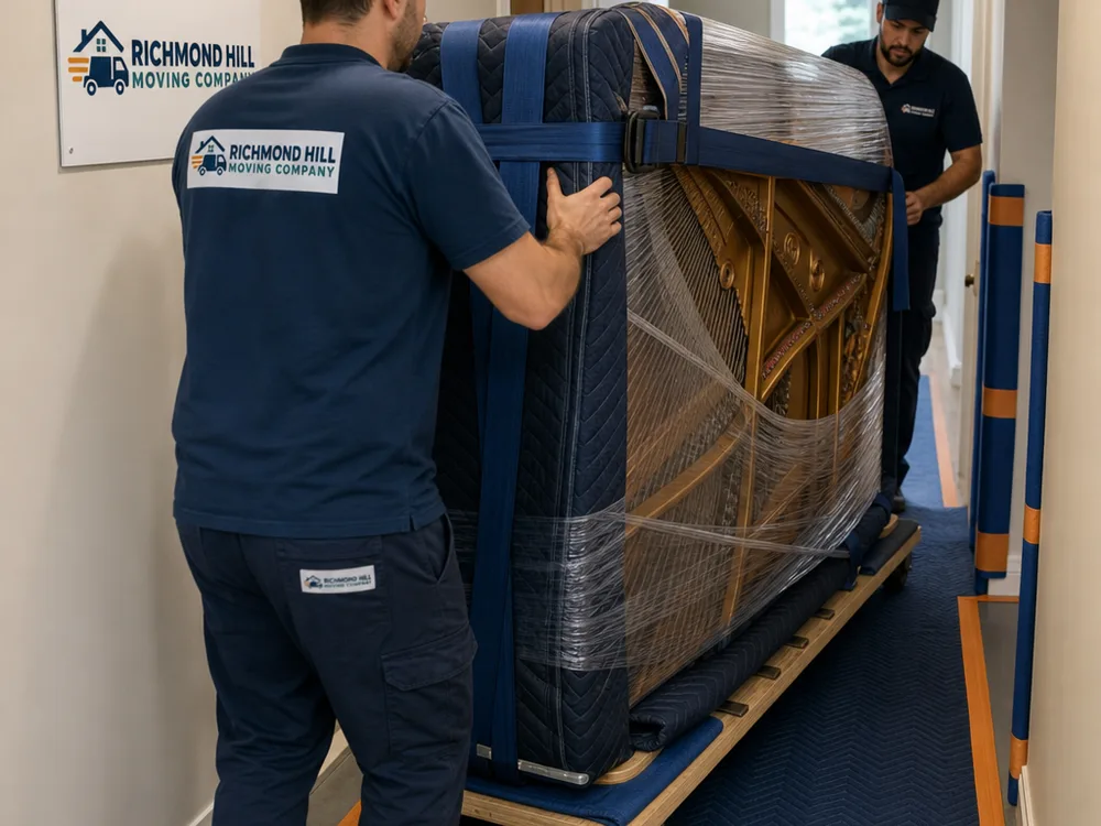 Baby grand piano wrapped and secured on a padded skid board as movers guide it through a protected hallway