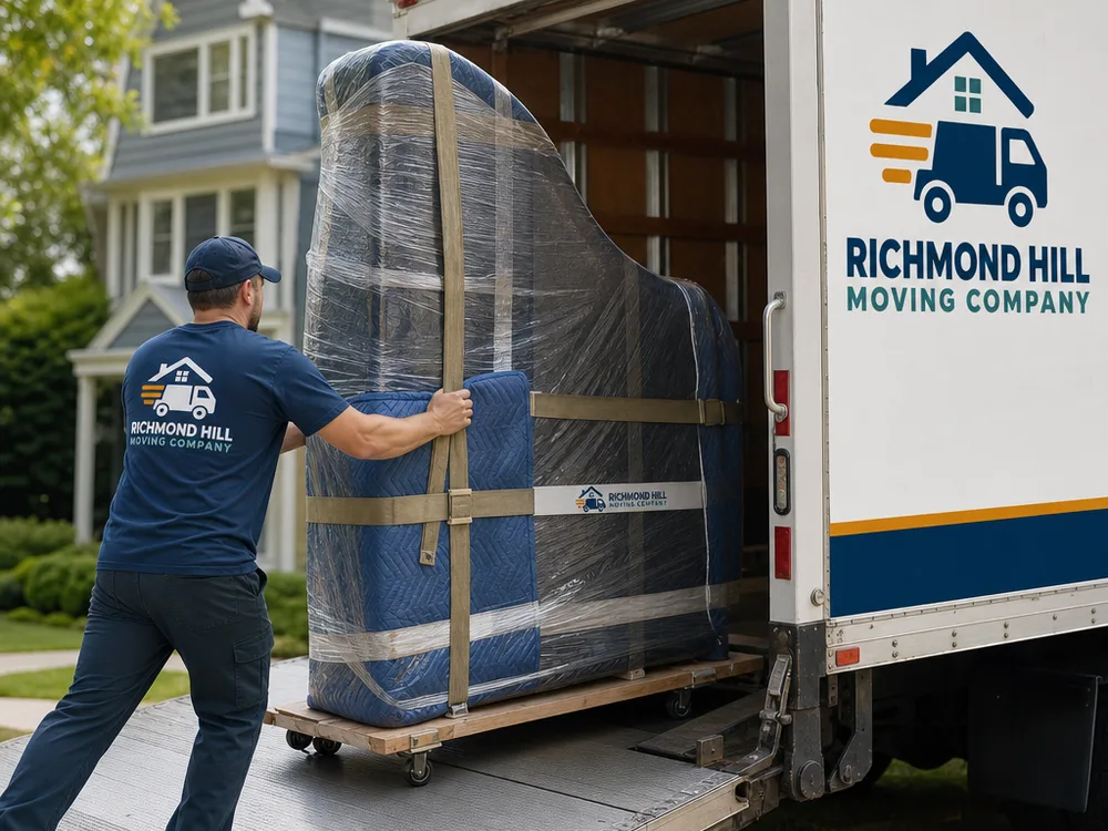 Wrapped grand piano on a skid board being carefully loaded into a moving truck in a stable position