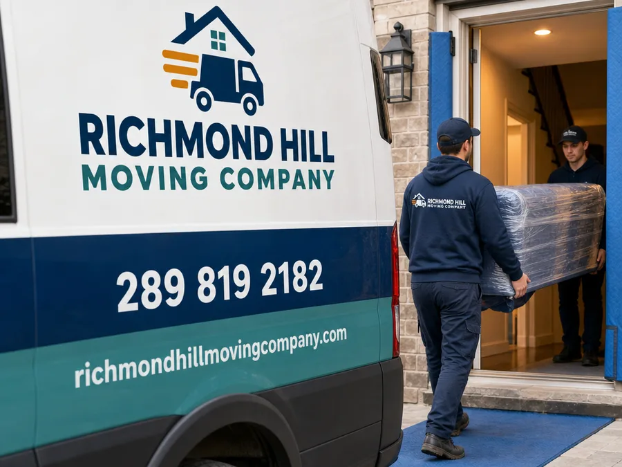 Uniformed movers carrying a wrapped sofa through a protected doorway
